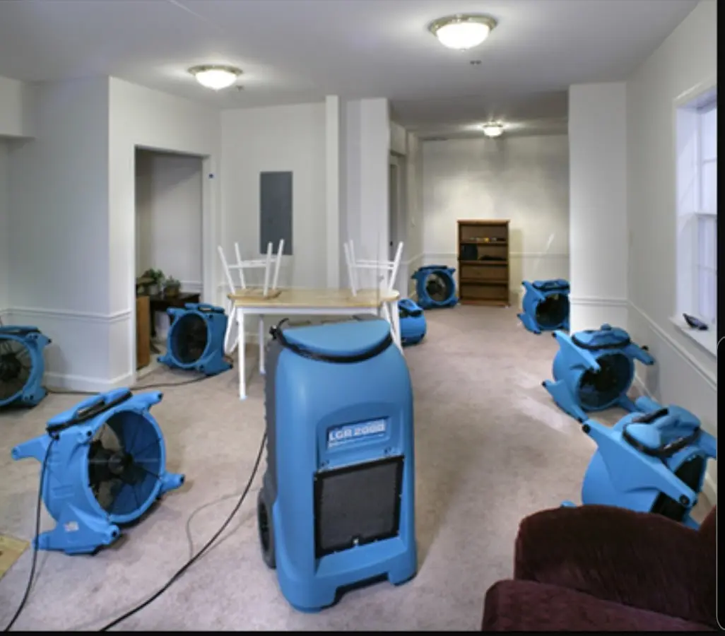 Air movers and dehumidifier setup for Water Damage Restoration in Lucas Valley-Marinwood